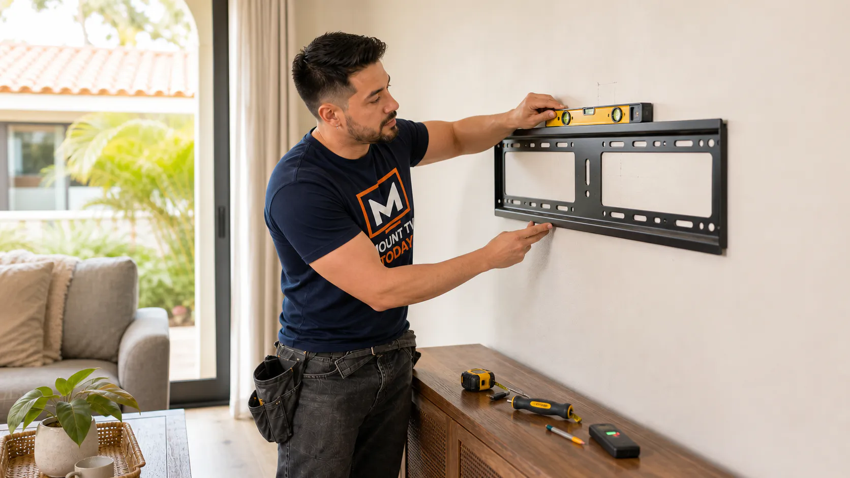 Technician leveling a TV wall bracket